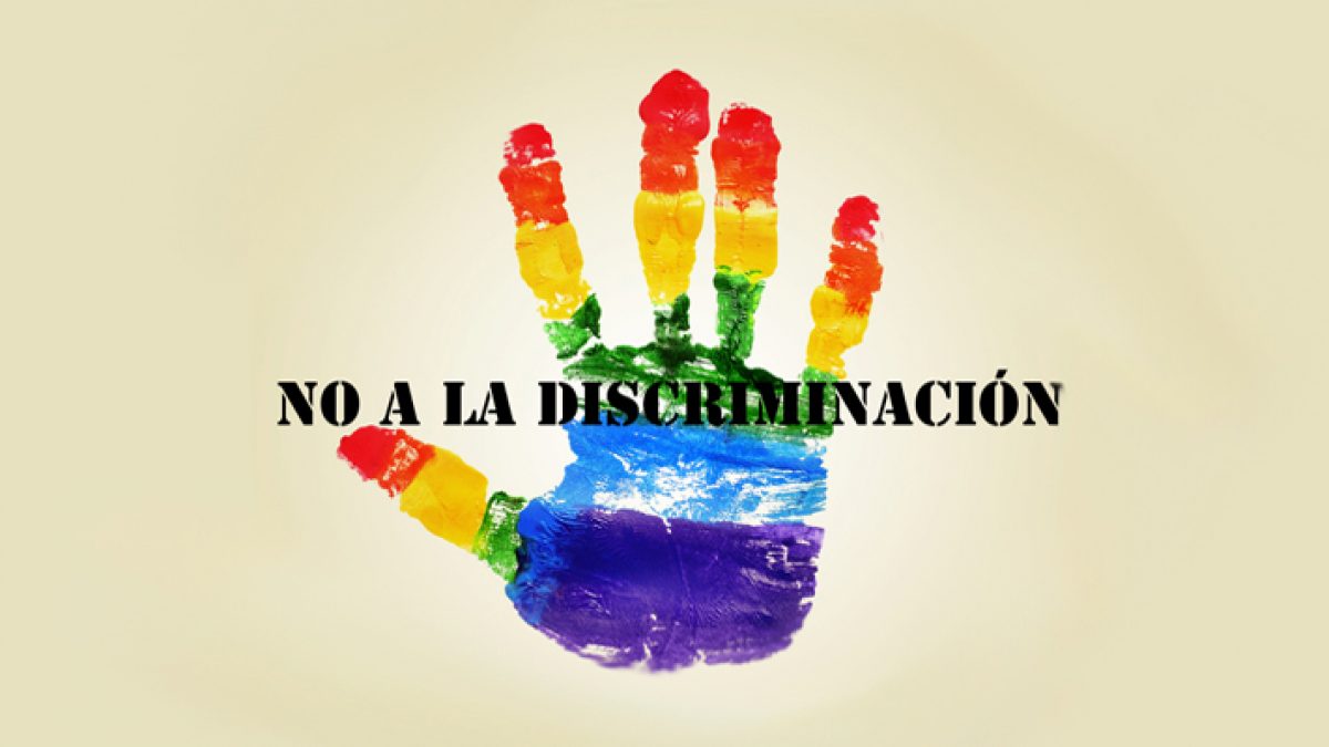 text stop homophobia and a handprint with the colors of the rainbow flag on a beige background